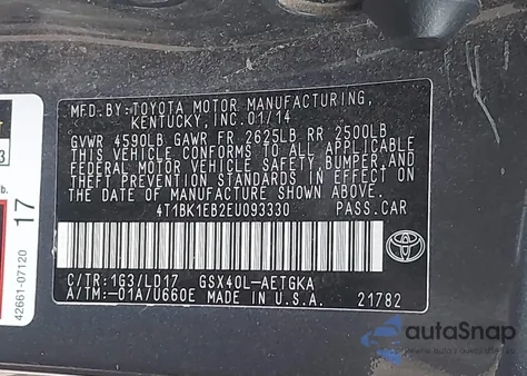 2014 Toyota Avalon Xle из США, поврежденный, VIN 4T1BK1EB2EU093330